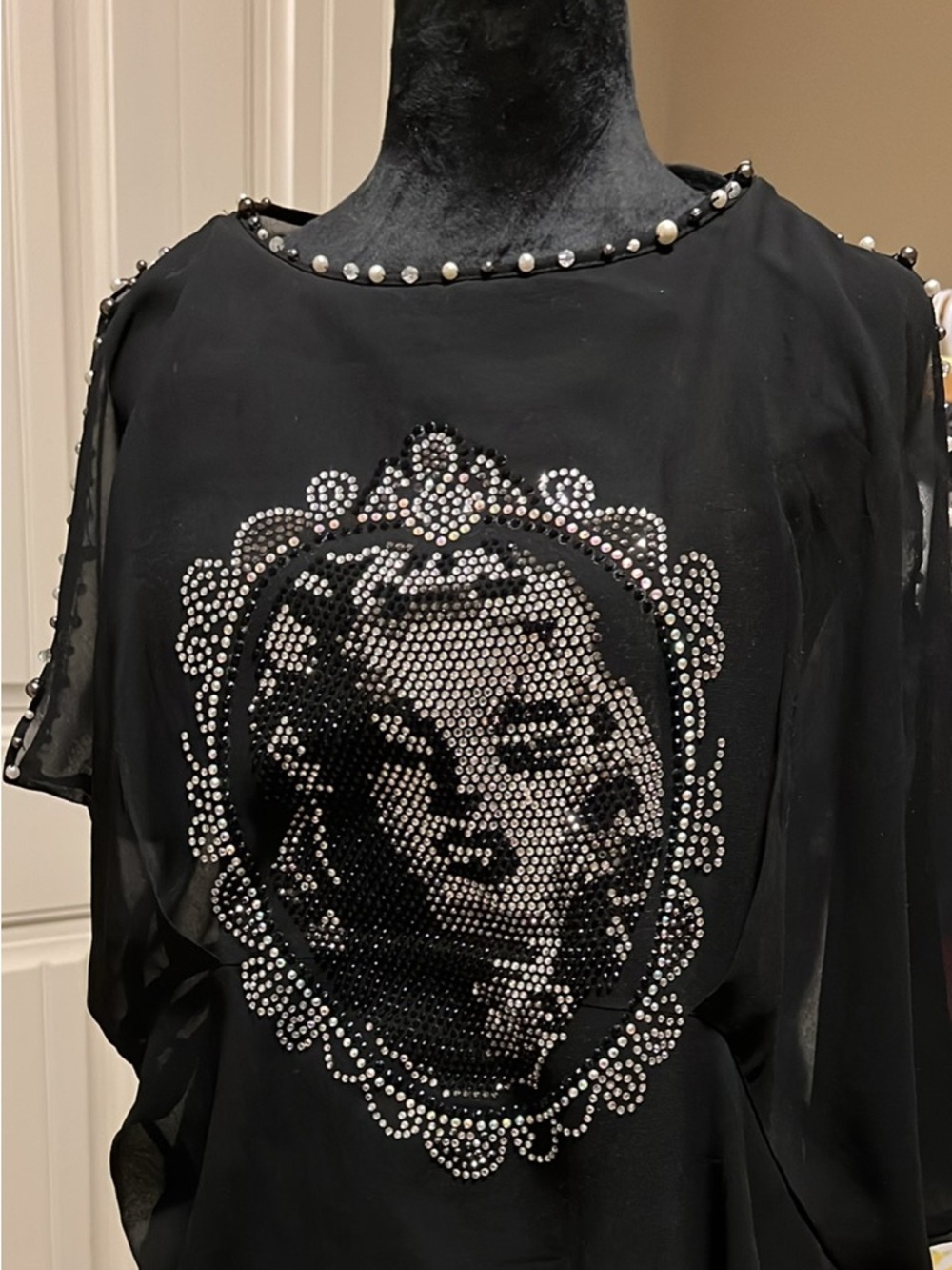 Simon Chang Black Sheer Top with Silver Rhinestone Portrait
